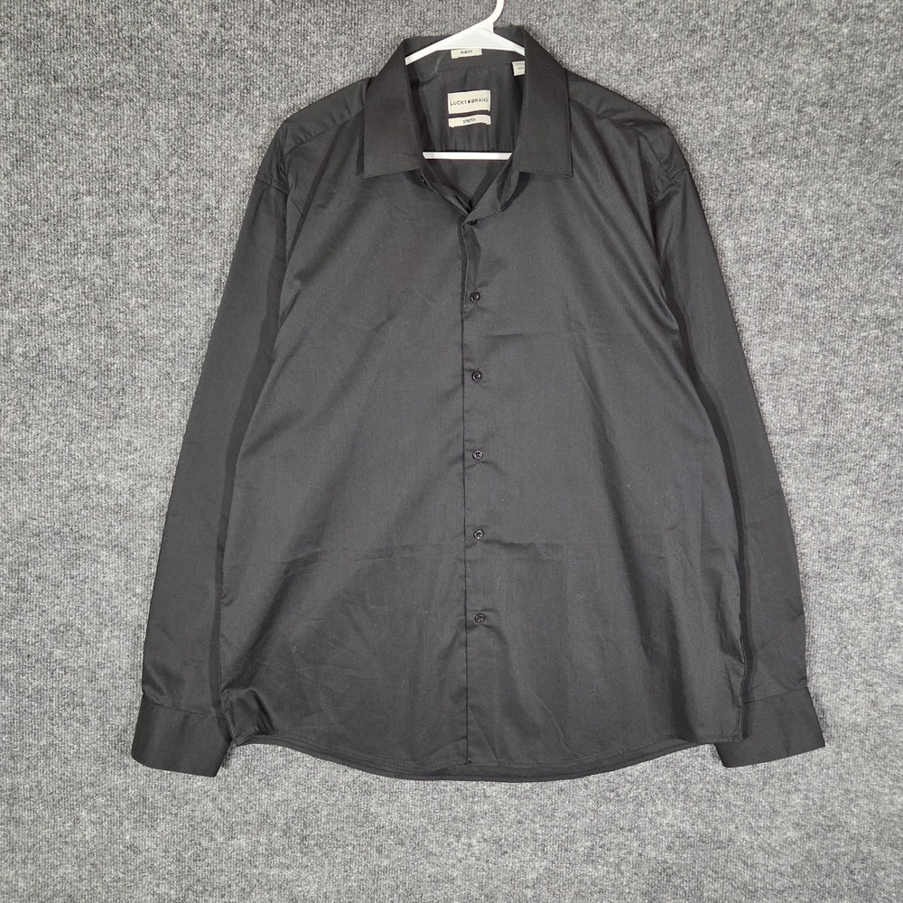 Lucky Brand Men XL Black Slim Fit Stretch Dress Shirt 17-17.5 34/35 Button Up